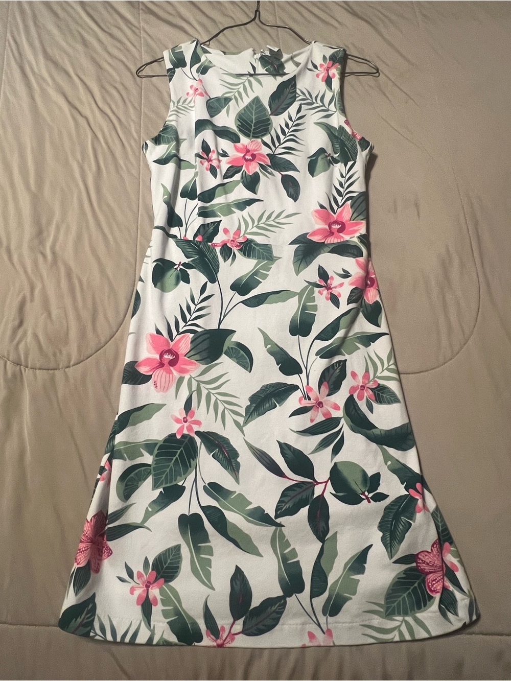 Old Navy White Midi Dress with Pink Floral & Green Leaves